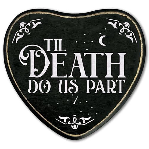 Gothic Heart Wood Sign, Till Death Do Us Part Sign, Retro Gothic Wooden Wall Art, Skeleton Horror Wood Plaque Decor, Birthday Anniversary Wedding Halloween Gifts for Lover Wife Husband Couples -04