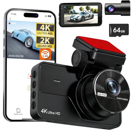Dual Dash Cam Front and Rear, 4K+2K Dash Camera for Cars, Front Rear Dashcam G-Sensor, 170° Wide Angle, 3" IPS Screen, 24H Parking Monitor, Loop Recording, WiFi & APP Control, with 64GB Card - image 1