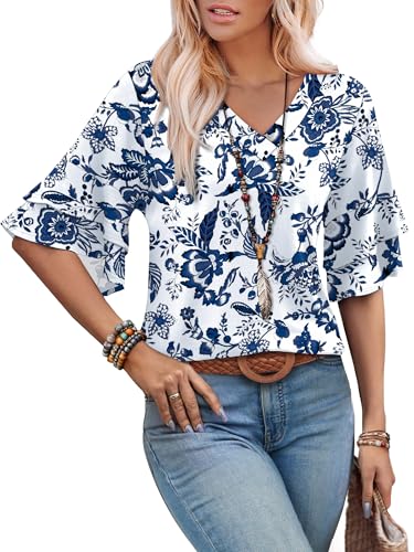 Image of OFEEFAN Spring Tops for Women Boho Shirts Fashion Clothing Cute 3 /4 Length Sleeve Blouses Dressy Casual Summer Outfits