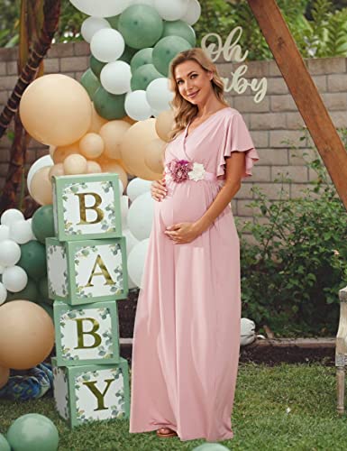 Guruixu V-Neck Ruffle Sleeve Maternity Dress For Baby Shower Photoshoot Causal Wedding, Wrap Ruched Dress With Flower Sash #TOP2