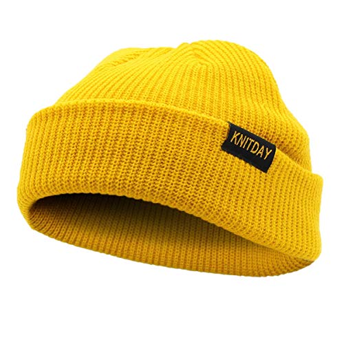 KNITDAY Fisherman Beanie Trawler Sailor Skullcap Knit Short Hat Unisex Yellow