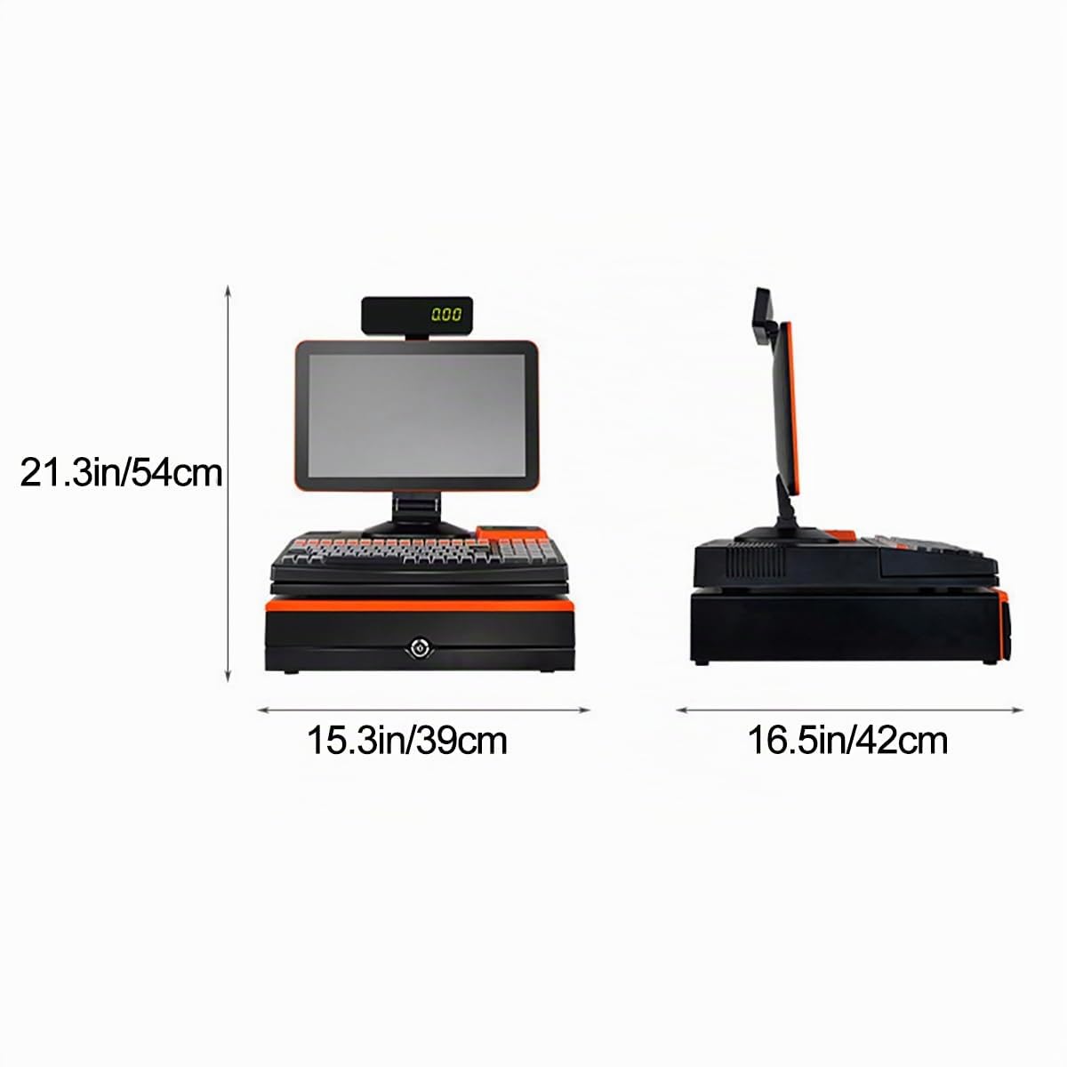 15.6" Caisse Enregistreuse Professionnelle avec 58 mm Imprimante Thermique, Caisse enregistreuse Intelligente à 101 TouchesCaisse enregistreuse à 8 LED numériques, avec Scanner Portable Orange