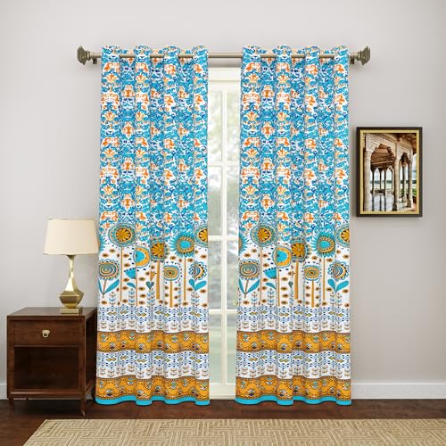 Image of BLOCKS OF INDIA Hand Block Printed Cotton Daylight Curtains with Eyelets(Set of 2 Curtains)