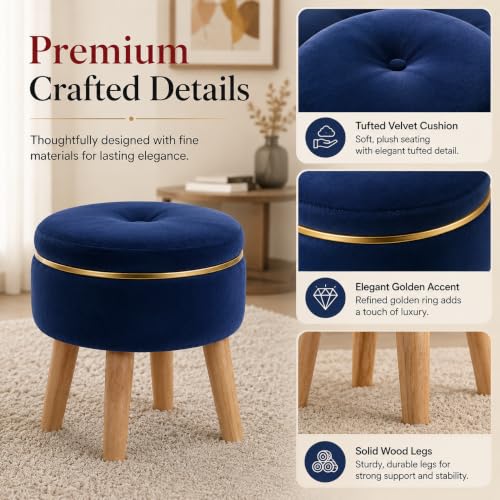 Image of Ottoman Stool for Living Room Foot Rest | Velvet Small Ottoman Foot Stool | Solid Wood Legs | Footstool Puffy for Home, Bedroom & Makeup Table | 30 x 30 cm (12 x 12 Inch) | Royal Blue