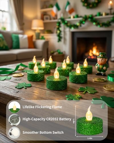 Image of Green Tea Lights with Timer, Glitter Sparkly Tealights, 12 Pack | for St. Patrick's Day, Holiday, Event, Halloween Decorations, Built-in 6 Hours Timing