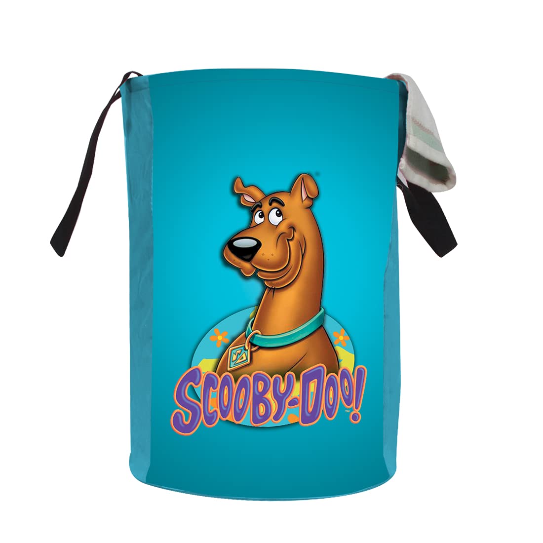 PrettyKrafts 45L Polycotton Scooby Doo Printed Round Foldable Large Laundry Bag/Basket With Handles, Freestanding Clothes Storage Toy Organizer for Bedroom (36x36x45cm, Blue, Set of 1)