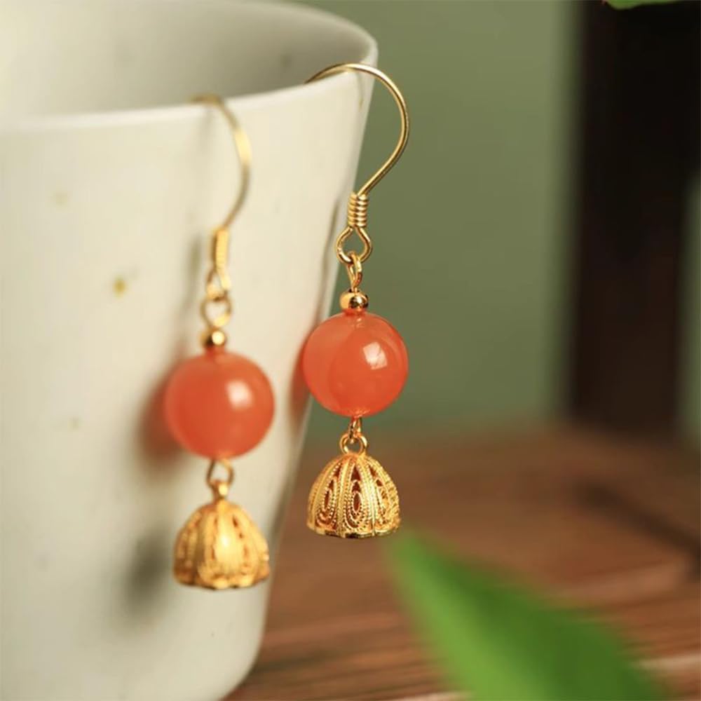 S925 Silver And Gold Plated With Natural Southern Red Agate Lotus Flower Earrings Jade for Women Yoga Genuine