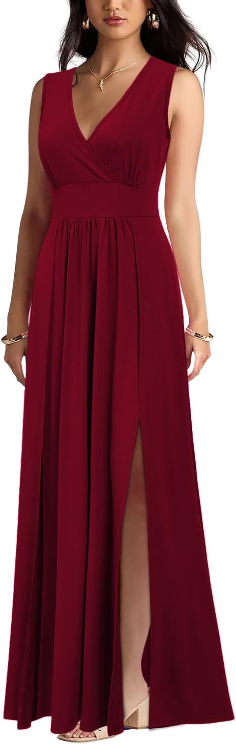 WOOSEA Women Sleeveless Deep V Neck Sexy Split Loose Plain Maxi Casual Long Dress - Image 2