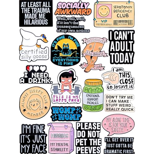 Mental Health Humor Enamel Pins Set – Funny & Relatable Pins for Anxiety, Burnout, Depression, Self-Awareness – Collectible Metal Lapel Pins for Backpacks, Jackets, Gifts – 20-Pack