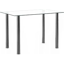 110cm Rectangular Tempered Glass Dining Table with Stainless Steel Cylindrical Legs, Modern Clear Glass Kitchen Table for 4 Seats