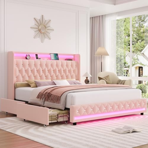 HIFIT Upholstered King Size LED Bed Frame with Charging Station & 4 Storage Drawers, Velvet Crystal Button-Tufted Wingback Headboard, Princess Platform Bed Frames for Girls, No Box Spring Needed, Pink