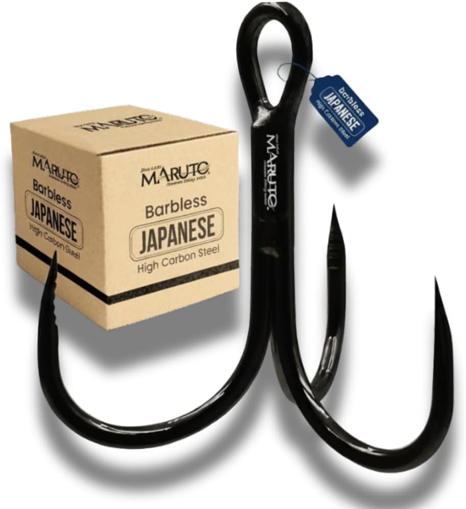 Maruto Barbless Treble Fishing Hooks, Sharp and Strong Japanese High Carbon Steel, Sizes #1 to #8, Available in Black & Red