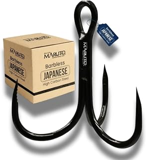 Maruto Barbless Treble Fishing Hooks, Sharp and Strong Japanese High Carbon Steel, Sizes #1 to #8, Available in Black & Red