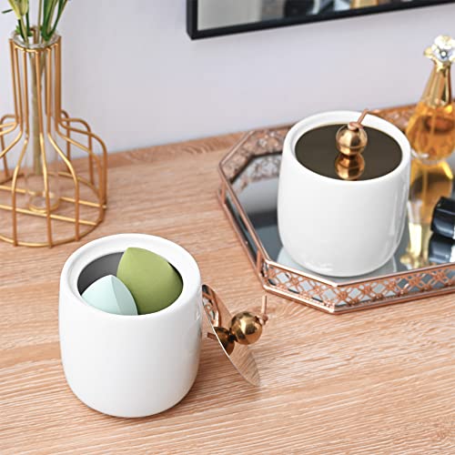 2 Pack Ceramic Qtip Holder Dispenser with Gold Lids, White Apothecary Jars Bathroom Vanity Organizer for Home Decor - Bathroom Canister for Cotton Swabs, Rounds, Balls, Makeup Sponges, Bath Salts by Satu Brown - Used condition - Image 4