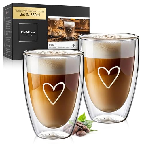 ElbFuchs® Latte Macchiato Gläser doppelwandig [2x 350ml] GESCHENKIDEE mit HERZ | Kristallklare Thermogläser doppelwandig | Ideal als Cappuccino...