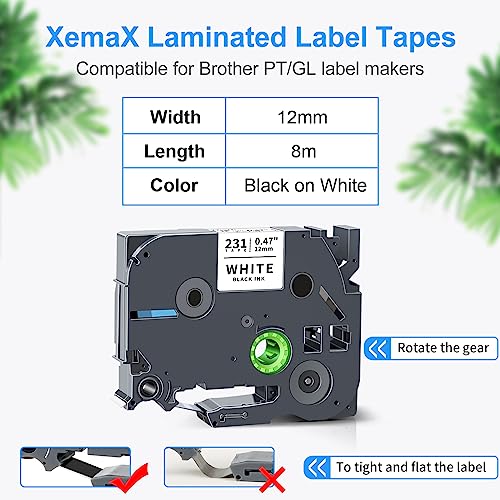 XemaX 6x Ruban de Remplacement pour Ruban Brother P-Touch TZe-231 12mm Brother Compatible Label Tape pour Etiqueteuse Brother Ptouch 1000 H110 H200 1010 H107 H100LB P710BT P300BT E100, Noir sur Blanc