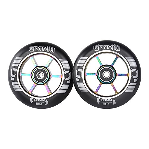 Graviti 100Mm Pro Stunt Scooter Wheels One Pair With Abec-9 Bearings Cnc Metal Core (2Pcs)（Black Pu Rainbow Core) #TOP5