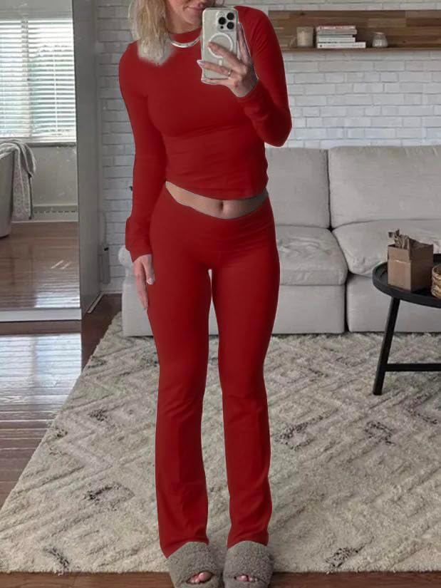 AYWA Women's 2 Piece Outfits Foldover Flare Pants Long Sleeve Crew Neck T-shirt Fitted Pajama Sets - Image 4