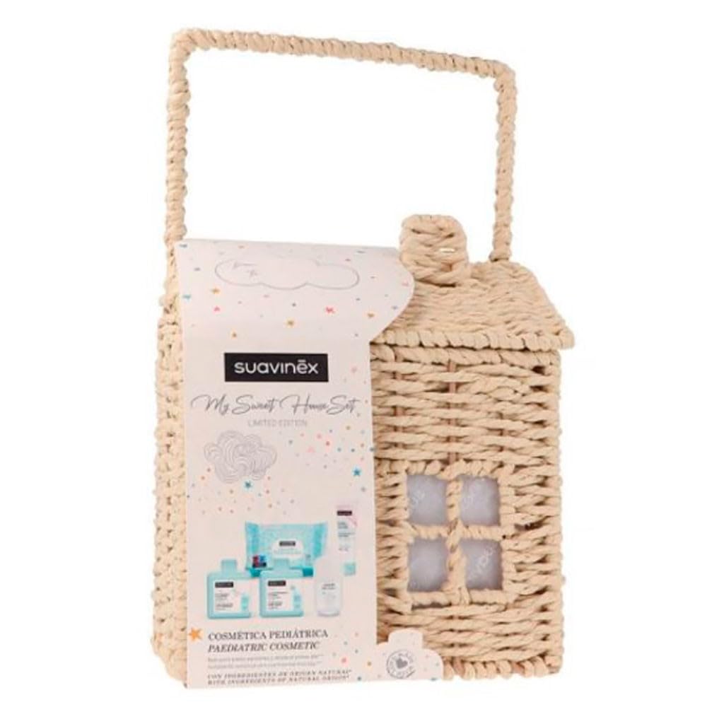 Suavinex, Prezent dla noworodka, koszyk dla dzieci z wiklinową walizką w kształcie domku zawiera: Baby Cologne 100 ml żel szampon piankowy balsam do ciała maść do pieluch + chusteczki