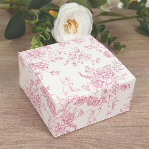 Efavormart 25 Pack Party Favor Gift Boxes in French Toile Pattern, Matte Pink and White Candy Boxes - Cardstock Paper - 4"x4"x2"