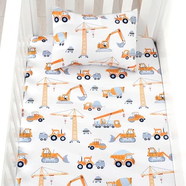 JISEN 3 Piece Crib Bedding Set Soft Baby Crib Bedding Set Construction Trucks Crib Comforter Set - Comforter Sheet Pillowcase Nursery Bedding Sets for Baby Girls or Boys