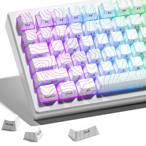 HITIME XVX Shine Through Keycaps with IMD Tech, Custom Keycaps 60 75 100 Percent, White Key Cap Set OEM Profile,118 Keys Side Printed for Mechanical Keyboard, Topographic