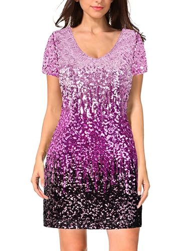 Image of MANER Women's Sequin Glitter Short Sleeve Dress Sexy V Neck Mini Party Club Bodycon Dresses