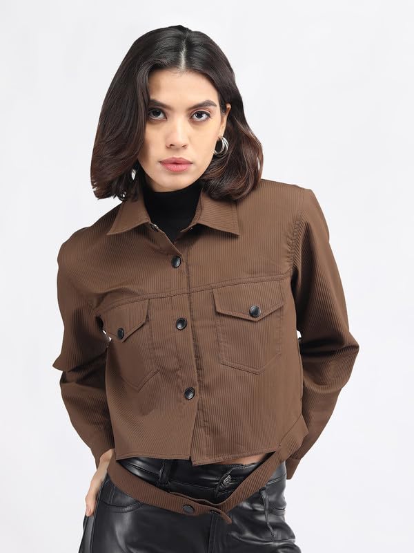Image of CHKOKKO Solid Crop Jackets for Women stylish latest Long Sleeve Stylish Winter Shirt Jacket Casual Outerwear for Office