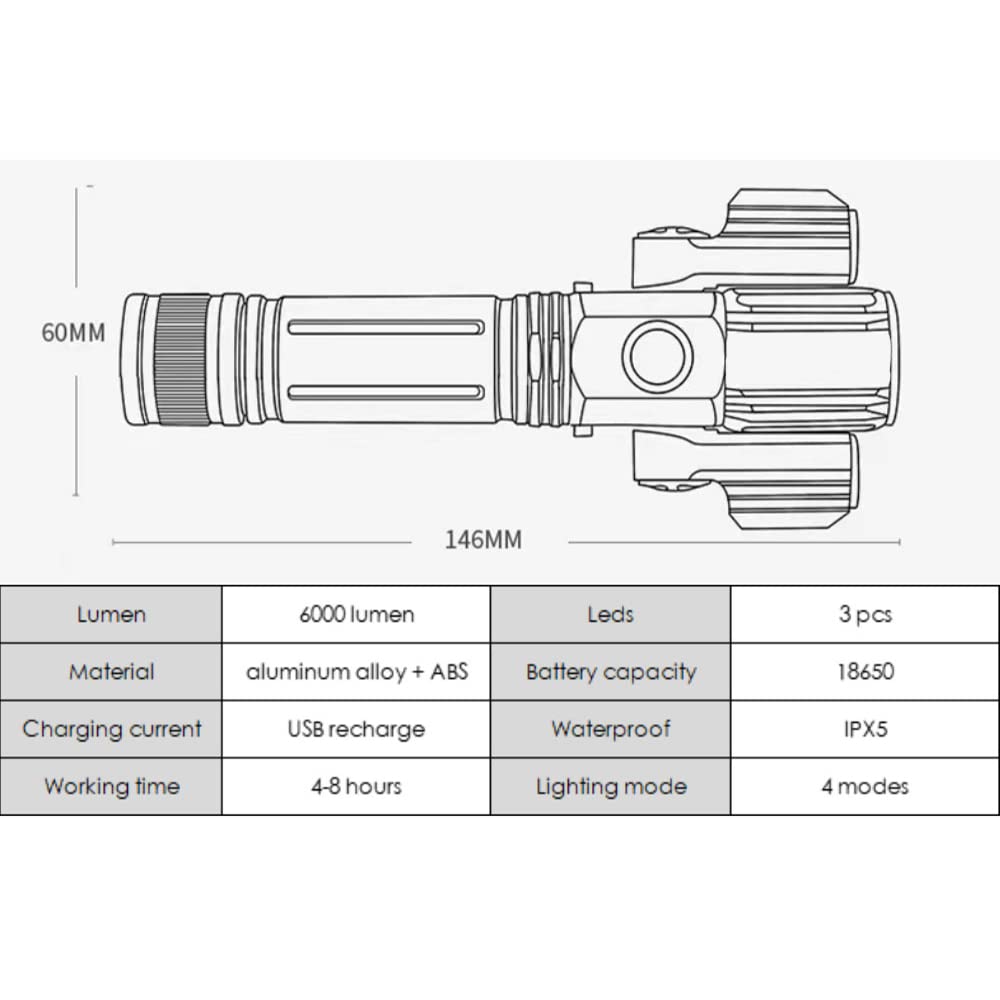 Faro Anteriore per Bicicletta, 3 LED, 600 Lumen, 4 modalità, Batteria 18650, Torcia per Ciclismo, IPX5 con Staffa e Angolo Regolabile.