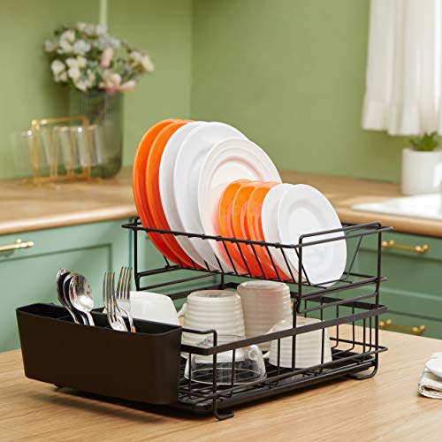 2 Tier Dish Rack, NATUROUS Dish Drying Rack Kitchen Organizer with Drain Board, Utensil Holder, Black - Thumbnail 2