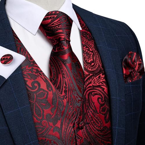 Image of DiBanGu Mens Vest and Tie Set Formal Paisley Waistcoat and Necktie Pocket Square Cufflinks Silk Suit Vest for Tuxedo Wedding