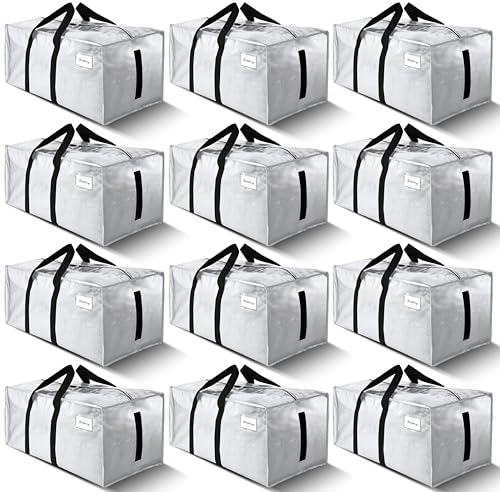 Image of HOMESURE Supports 200lbs Heavy Duty Moving Bags - Strong Zipper & Wrap-Around Handles - Water-Resistant Storage Totes, Durable Alternative to Moving Boxes - 12 Pack - Light Silver