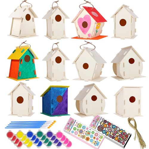 12 Pack Large DIY Bird Houses Kits for Kids, Kids Craft Kits Wood Houses for DIY Crafts Class Party, 12 Birdhouse Kits with 12 Paint Strips & Paintbrushes & Stickers for Children to Build & Paint (12)