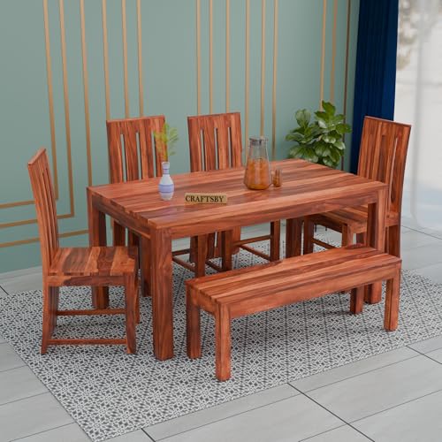 Image of 57 Inch Length Solid Sheesham Wood 6 Seater Dining Table Set | Six Seater Dinner Table with 4 High Chairs & 1 Bench | Dinning Table Set 6 Seater for Living Room | Table & Chair, Honey Finish