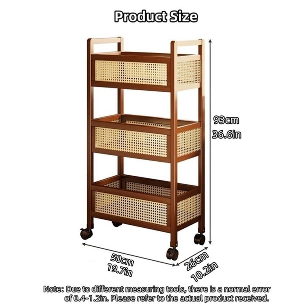 Carrito rodante multifuncional con ruedas, estante de ratán con barandillas para sala de estar, cocina, entrada, 50 cm, solución de almacenamiento versátil