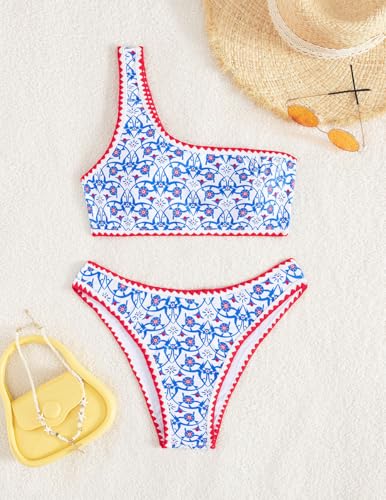 Image of YIMISAN Women's Ribbed Bikini Sets One Shoulder Top with Mid Waist Two Piece Bathing Suit