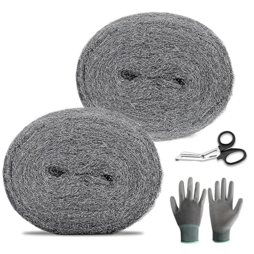Ratones de lana de alambre de acero, 0000, bloqueador de huecos de lana de alambre grueso con guantes de trabajo y tijeras, control de roedores de alambre, kit de tela de agujeros de relleno (2