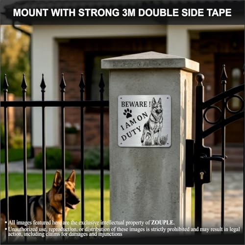 Image of Beware of Dog Sign, German Shepherd, 8x8 Inch, Durable Steel, Triple Mount