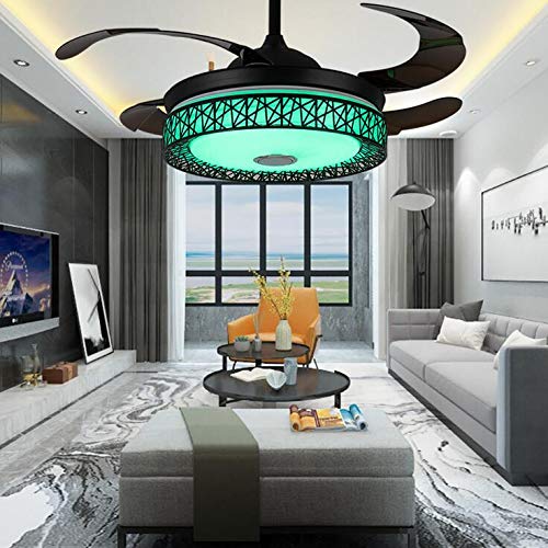 Fine Maker Modern Black Bluetooth Ceiling Fan Light Retractable Blades Remote Control App Speaker Music Play And 42 Inch Modern 7 Colorful Dimmable Chandelier Fan For Living/Dining Room #TOP6