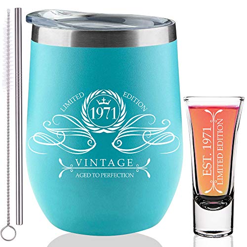 1971 51st Birthday Gifts For Women, 51st Birthday Decorations Present for Women, Funny Present Ideas Her Wife Mom, Aqua Blue Wine Tumbler 12 Oz Stainless Steel Insulated Shot Glass, 51 Anniversary