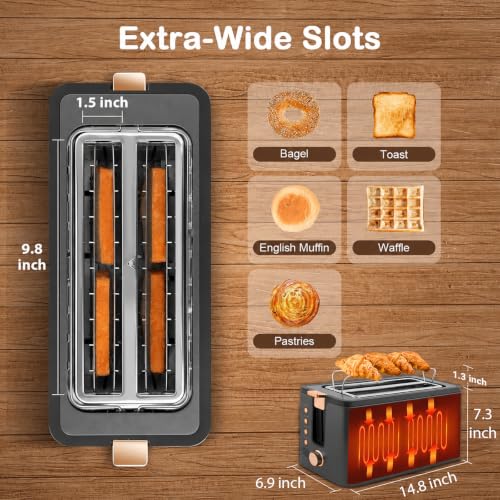 Image of Mecity 4 Slice Toaster, Long Slot Toaster With Warming Rack, Timer, Bagel, Defrost, Reheat Functions, Crumb Tray, 6 Browning Settings, Extra Wide Long Slots, Stainless Steel, 1300W, Grey