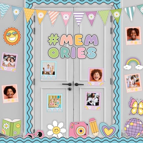 Image of Groovy End of Year Bulletin Board for Classroom Decoration 2026 Graduation Memories Boho Retro Hippie Bulletin Board Set Rainbow Cutouts Daisy Diy Photo Picture Frame for Chalkboard Wall Teacher