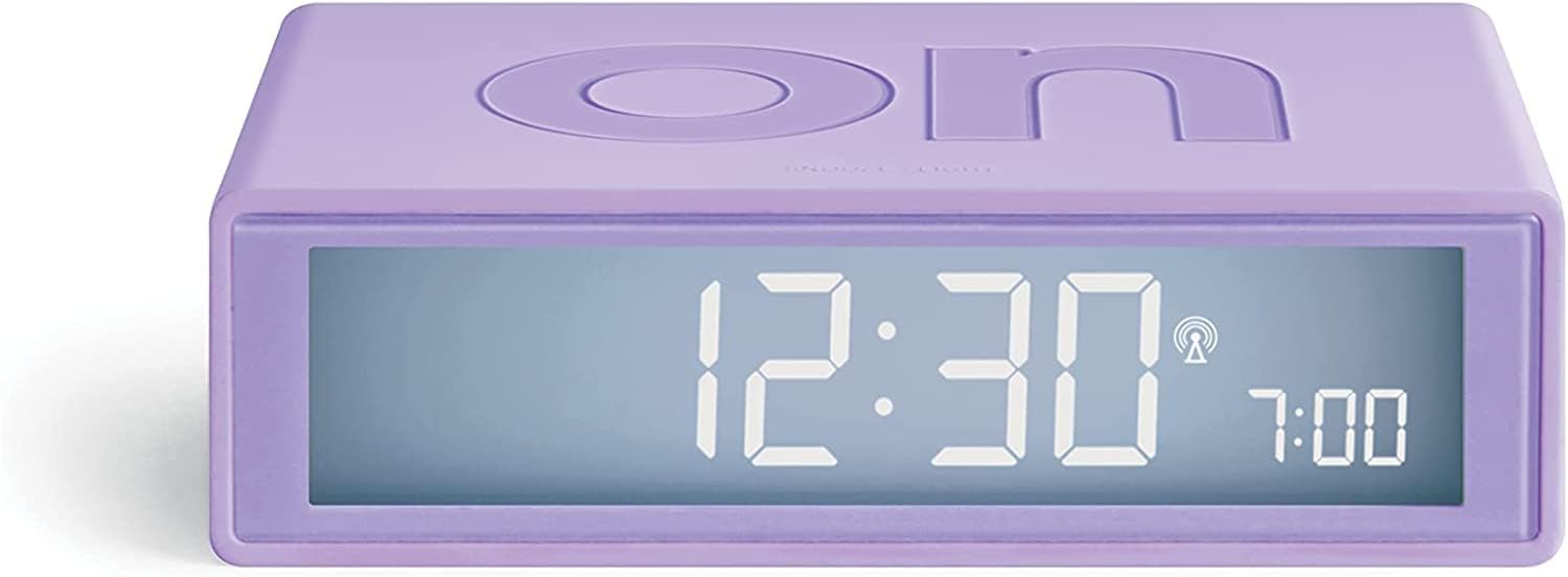 Lexon Flip+ Digital Alarm Clock for Bedrooms, Reversible On/Off Faces with Snooze function, LCD display & Touch Sensor Light, Radio Controlled & Battery Operated, Rubber - Purple
