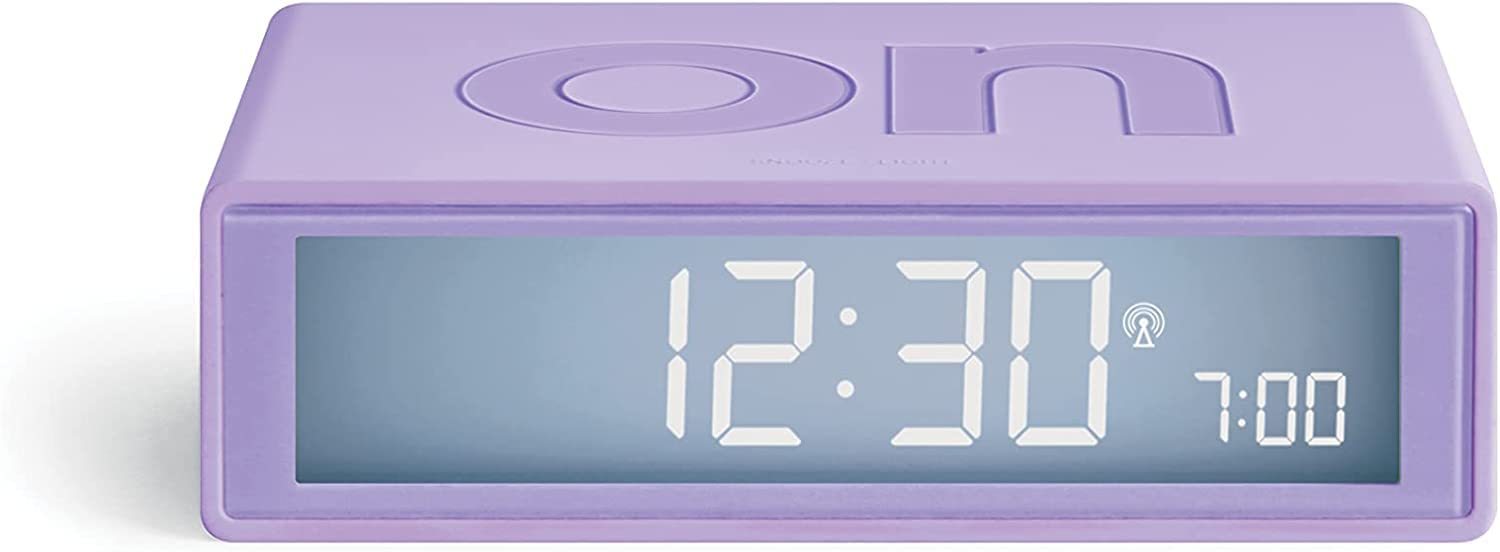 Lexon Flip+ Digital Alarm Clock for Bedrooms, Reversible On/Off Faces with Snooze function, LCD display & Touch Sensor Light, Radio Controlled & Battery Operated, Rubber - Purple