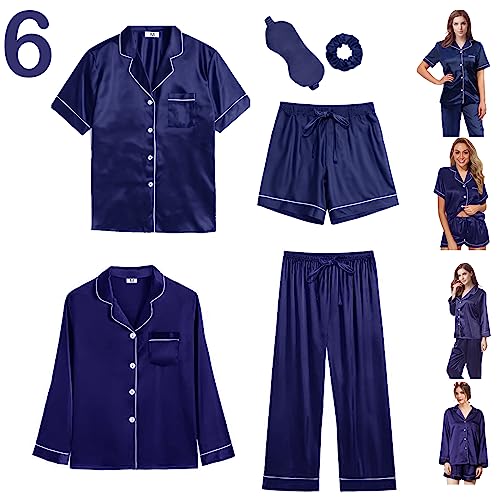 Pyjama 6 pièces en satin de soie femme boutonné avec caraco et pantalon