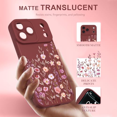 Image of Designed for iPhone 17 Pro Case Flower for Women, Wine Red | Cute Floral Pattern Liquid Silicone Phone Case [Full Camera Protection] Slim Soft TPU Protective Cover