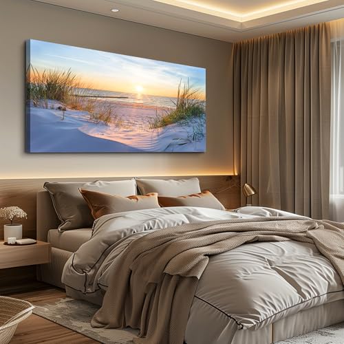 MHARTK66 Wall Decor For Living Room Large Canvas Wall Art For Bedroom Modern Office Pictures Wall Artwork Blue Sun Beach Grass Ocean Landscape Paintings Canvas Art Prints Home Decorations