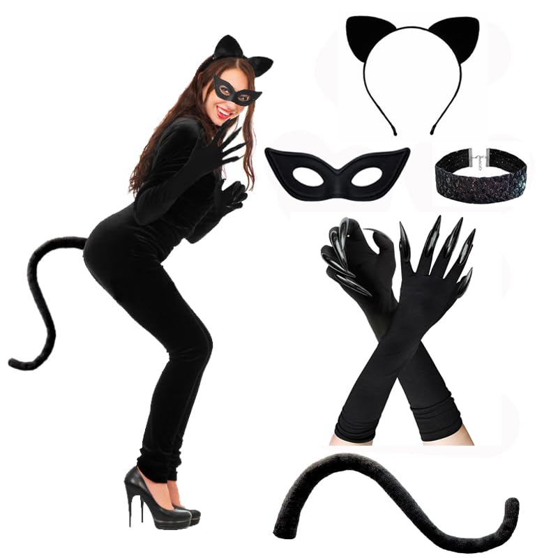 Yeweian Halloween Cat Costume Accessories for Women, 5PCS Cute Black Cat Mask Ears and Tail Set, CatClaw Gloves Necklace for Adults Party Masquerade Cosplay
