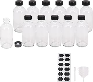 12 Pack Clear 4 oz Glass Bottle with Caps, Funnel, Chalk Labels, Pen, Vanilla Extract Bottle, Boston Bottles for Potion, Juice, Ginger Shots, Turmeric Shots, Whiskey, Herbal Medicine, Maple Syrup