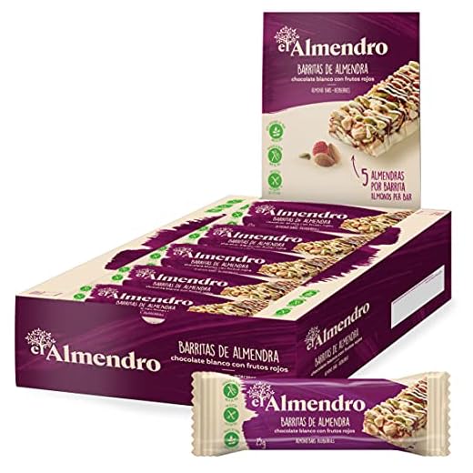 El Almendro, Barritas de Almendra con Chocolate Blanco y Frutos Rojos, Barritas Energeticas, Barritas Cereales, 10 porciones de 25 Gramos, 250 Gramos